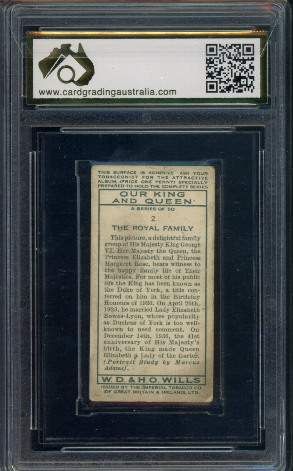 1937 WD & HO Wills The Royal Family #2 Our King And Queen Graded CGA 4