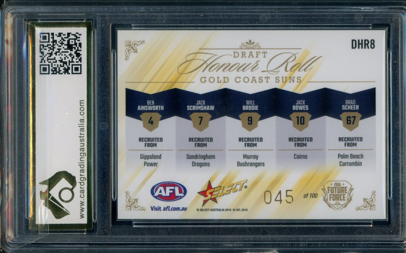 2016 Select Future Force REDEMPTION Suns Draft Honour Roll Graded CGA 10