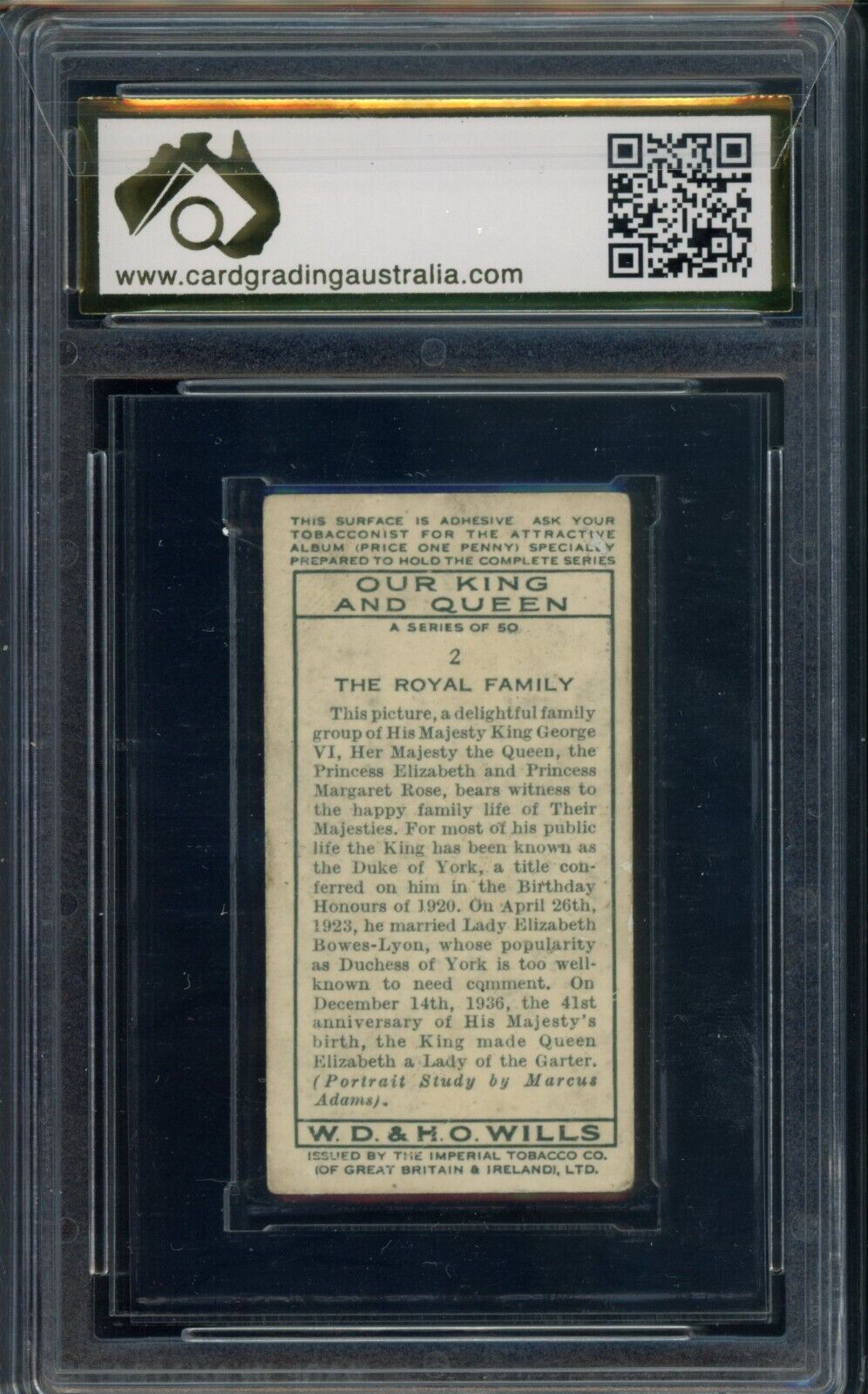 1937 W. O & H. O Wills Our King And Queen #2 Royal Family Graded CGA 3