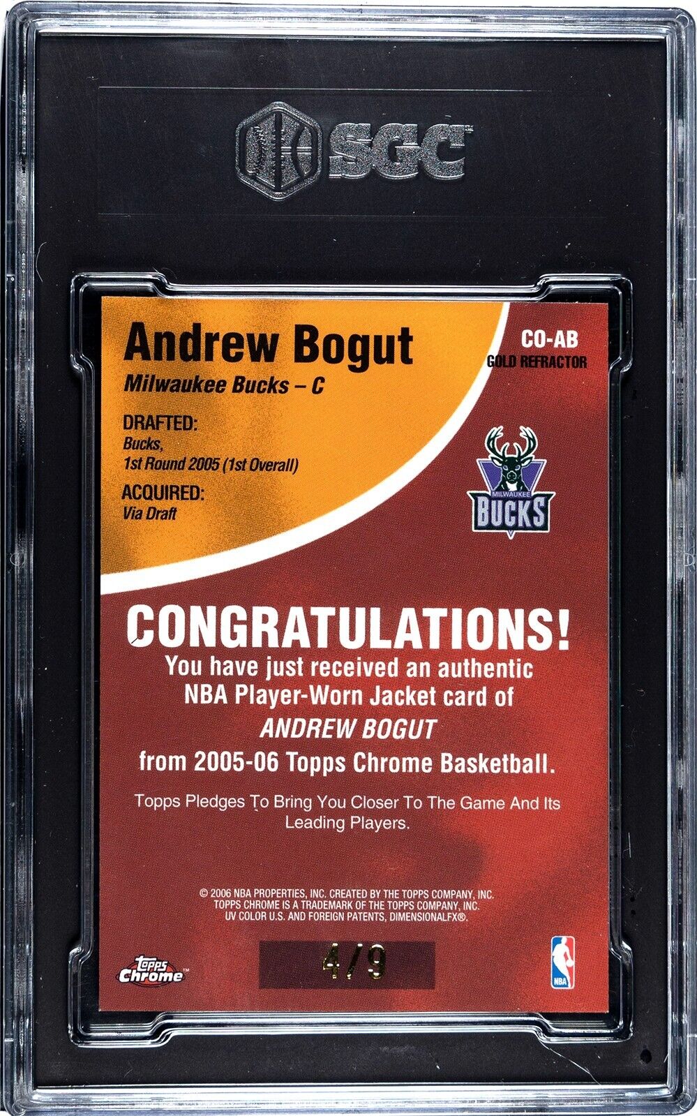 2005-06 Topps Chrome Chosen One Material Gold Refractor 4/9 Graded SGC