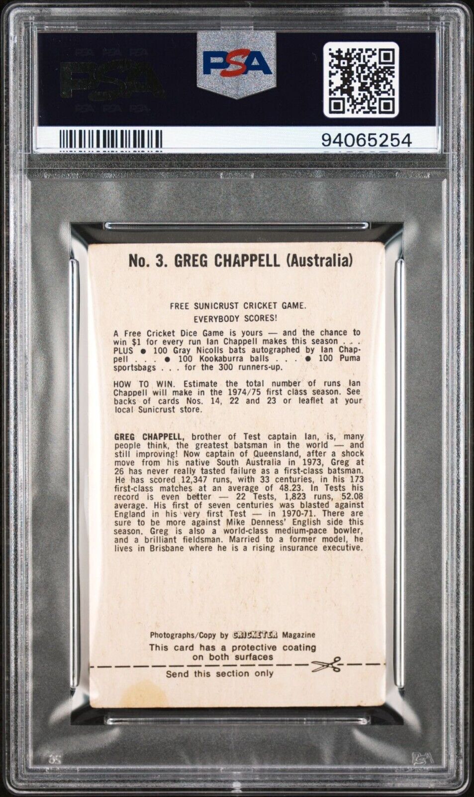 1974 Sunicrust Cricket #3 Greg Chappell ROOKIE CARD Graded PSA 2 RARE