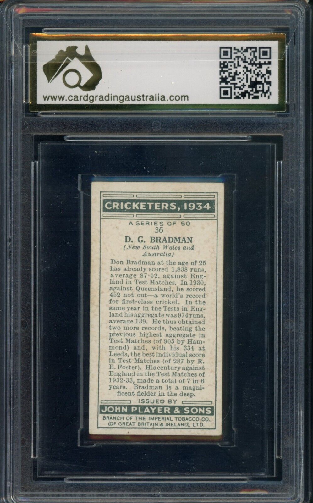 1934 John Player And Sons Don Bradman Graded CGA 6 Cricket Australia