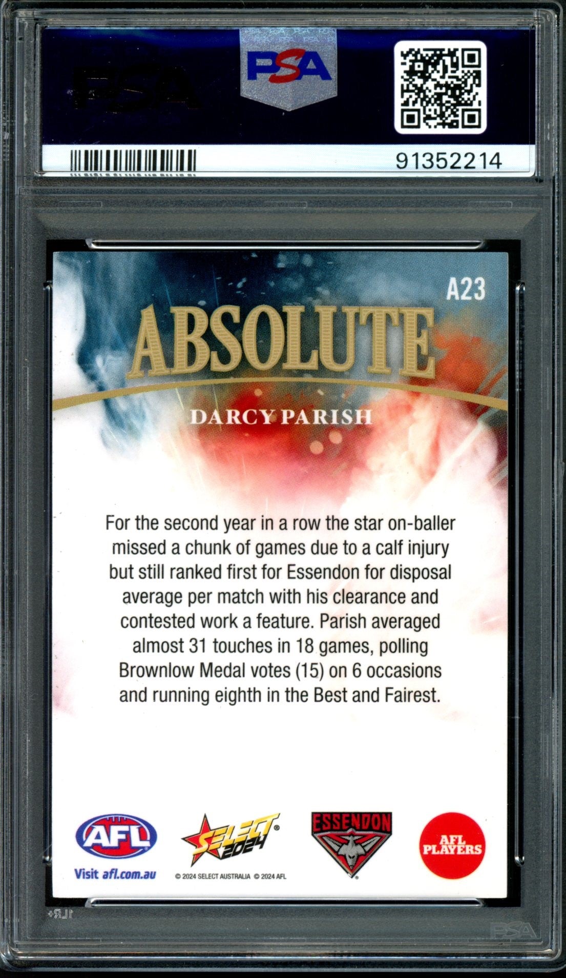 Share 2024 Select AFL ABSOLUTE GOLD Darcy Parish Graded PSA 8