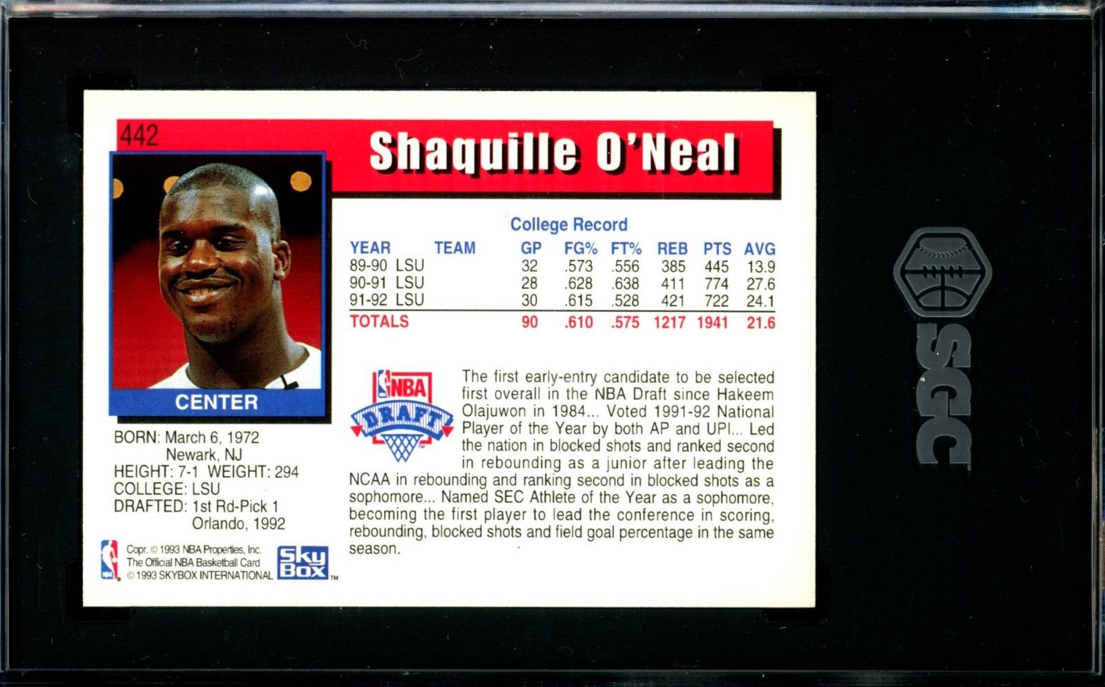 1992-92 NBA Hoops #442 Shaquille O'neal ROOKIE CARD Graded SGC 8.5 Orl