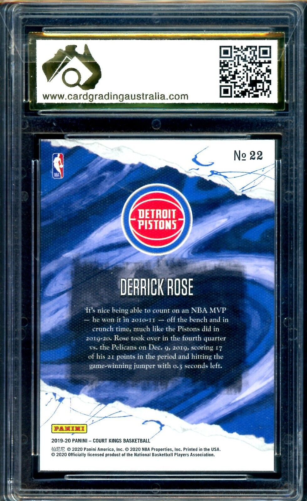 2019-20 Panini Court Kings NBA #22 Derrick Rose Graded CGA 9 Detroit