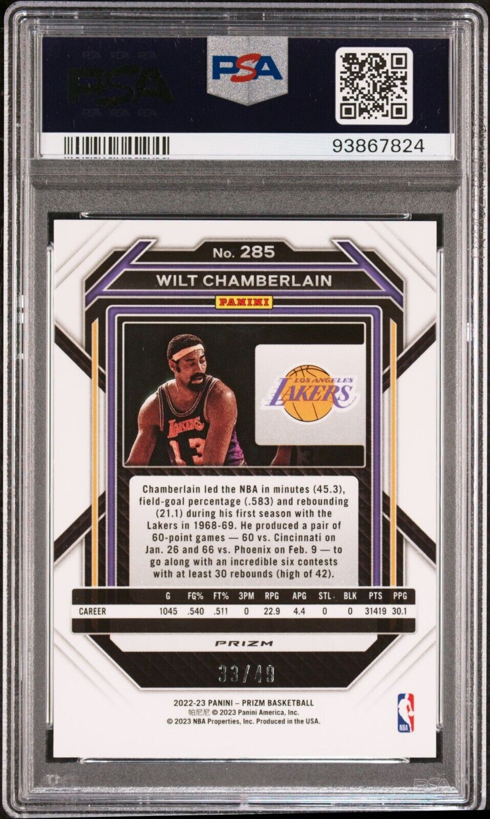 2022 Panini Prizm NBA BLUE CHOICE PRIZM /49 Wilt Chamberlain Graded PSA 9