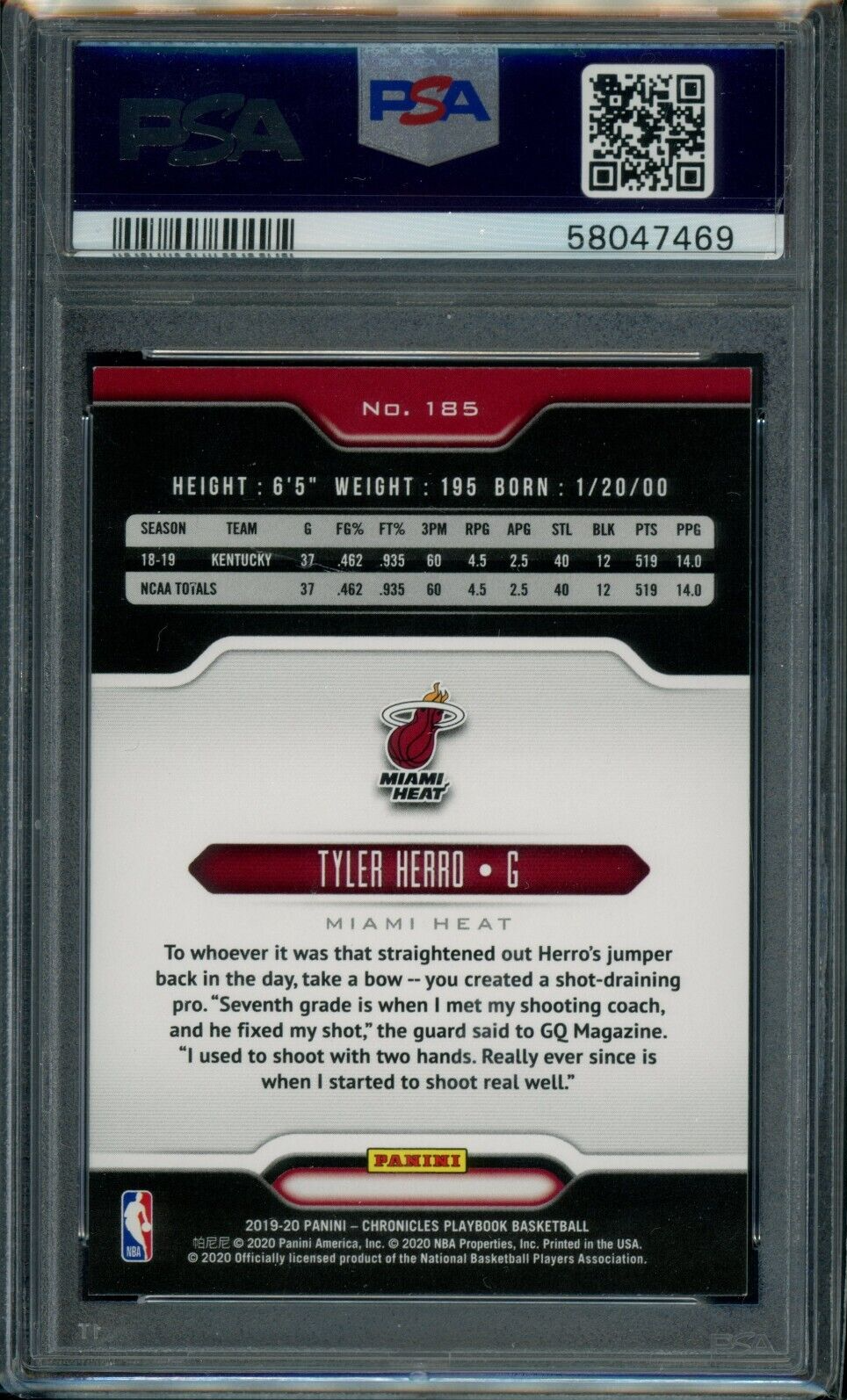 2019 Panini Chronicles NBA #185 Tyler Herro ROOKIE Graded PSA 9 MINT