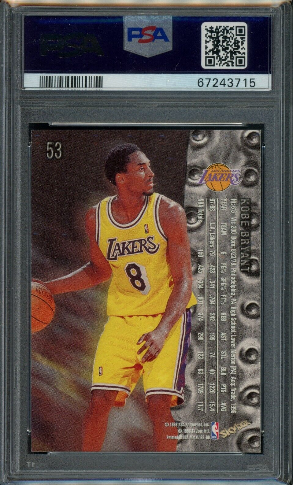 1997-98 METAL UNIVERSE #53 NBA Kobe Bryant Graded PSA 8 LA Lakers