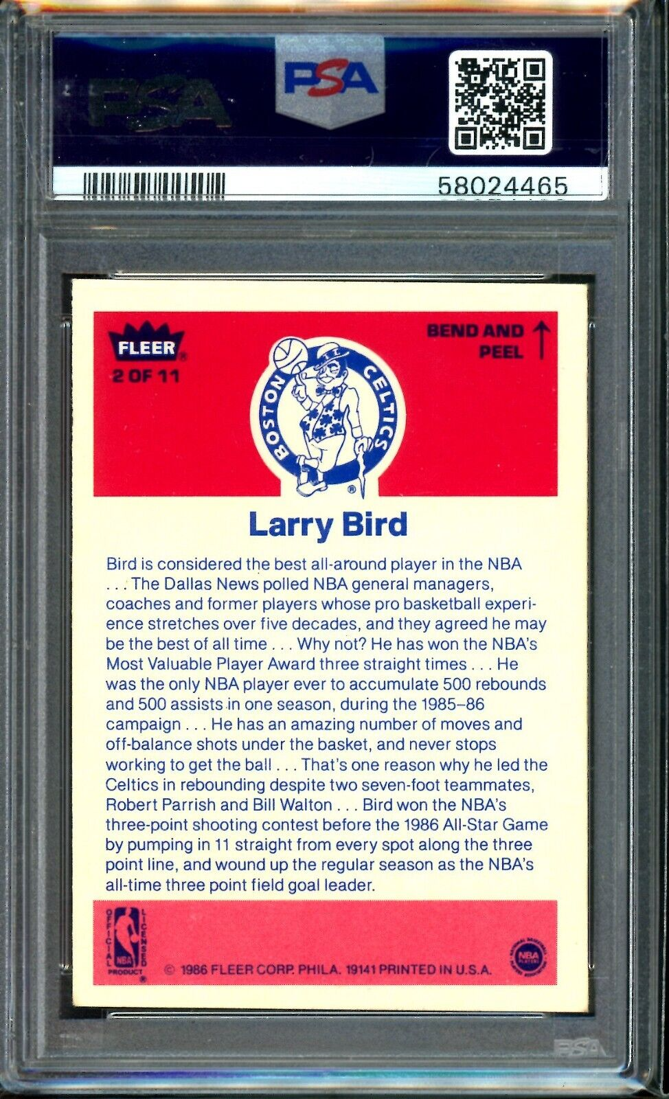 1986 Fleer NBA STICKER Larry Bird Graded PSA 6 Boston Celtics Legend